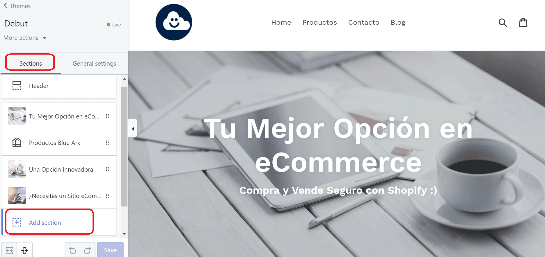 Secciones de Tienda en Línea