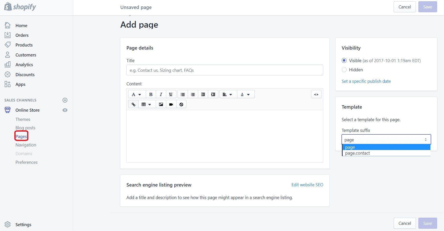Crear Páginas en Shopify