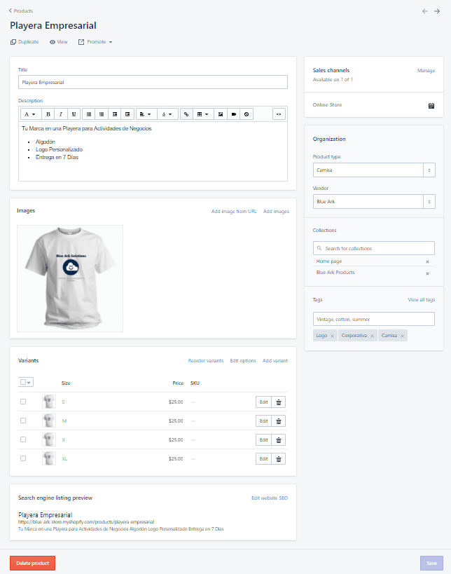 Ejemplo de Producto Terminado en Shopify