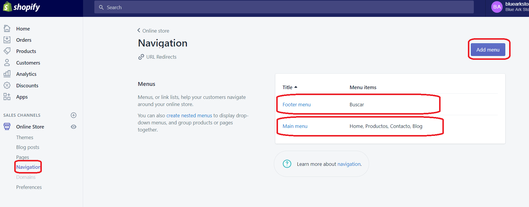 Navigation de Shopify