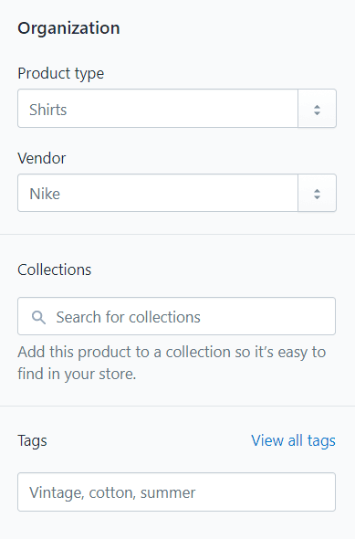 Tipo de Producto, Vendor, Colección y Etiquetas