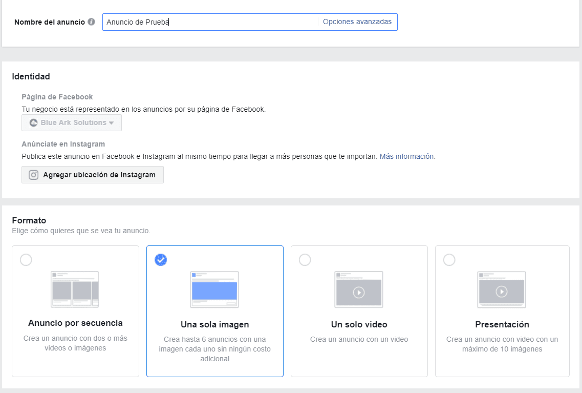 Nombre de Anuncio, Página de Fans y Formato de Anuncio