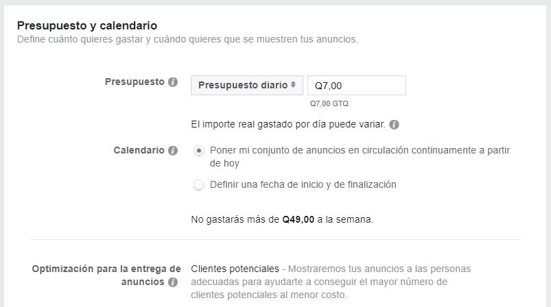 Presupuesto para Crear Campaña en Facebook