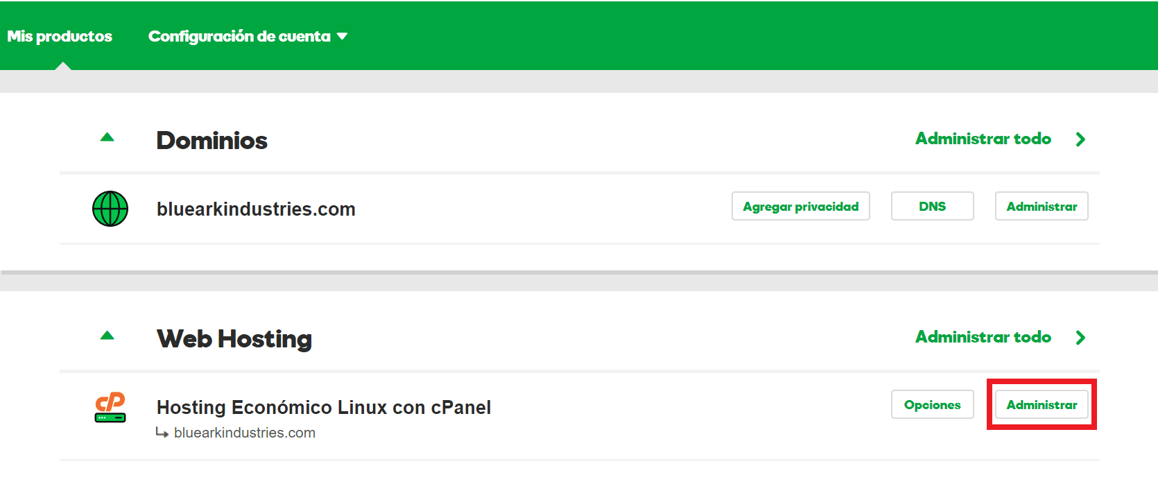 Administrar Hosting.